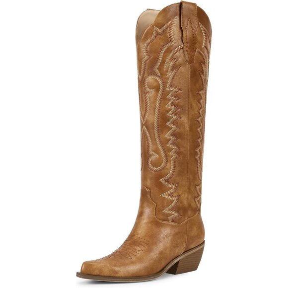 Women's Floral Embroidered Pointed Toe Chunky Heel Classic Cowboy Boots - Picture 1 of 6